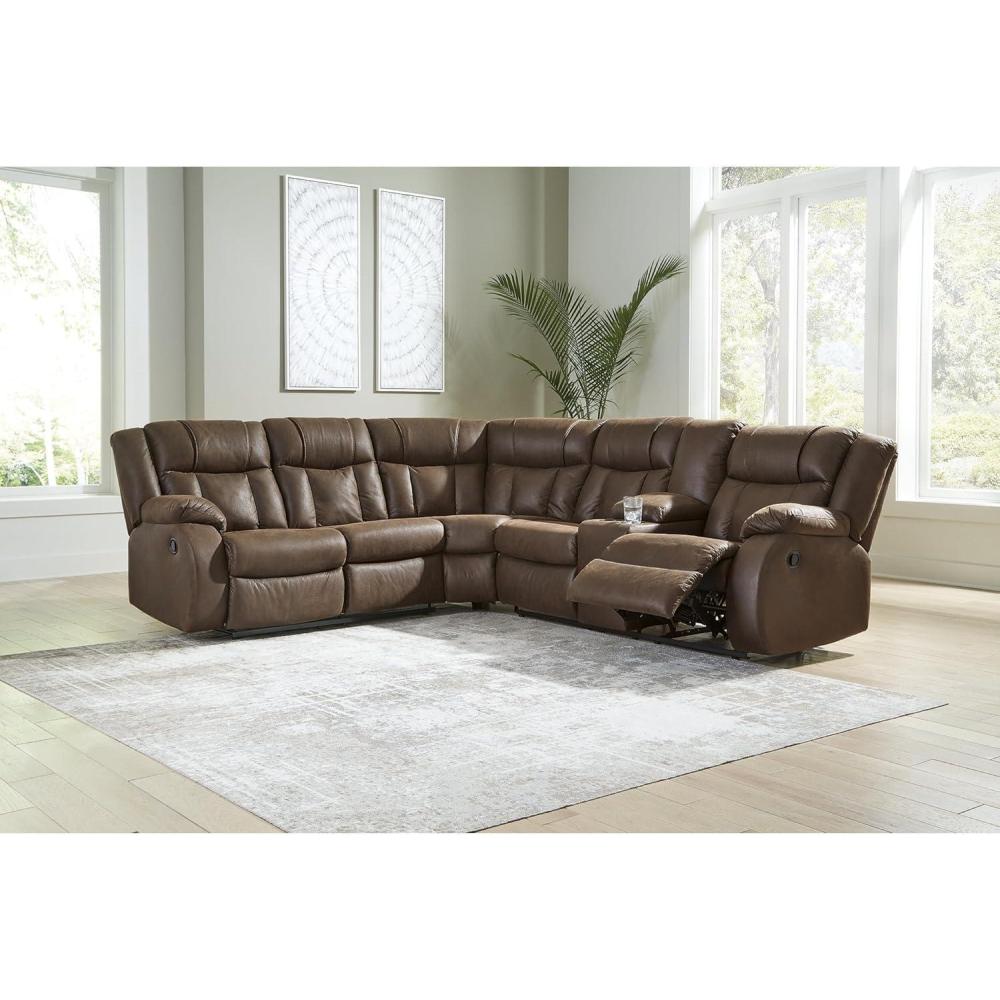 imageSignature Design by Ashley Casual Trail Boys LShape LeftArm Facing 2Piece Faux Leather Reclining Sectional with Cup Holder and Storage Console Dark Brown2Piece Reclining Sectional