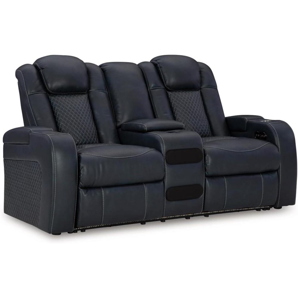 imageSignature Design by Ashley NextGen DuraPella Contemporary Faux Leather Modular Wall Hugger 3Piece Power Reclining Sectional Sofa with Adjustable Headrest and USB Ports GrayNavy