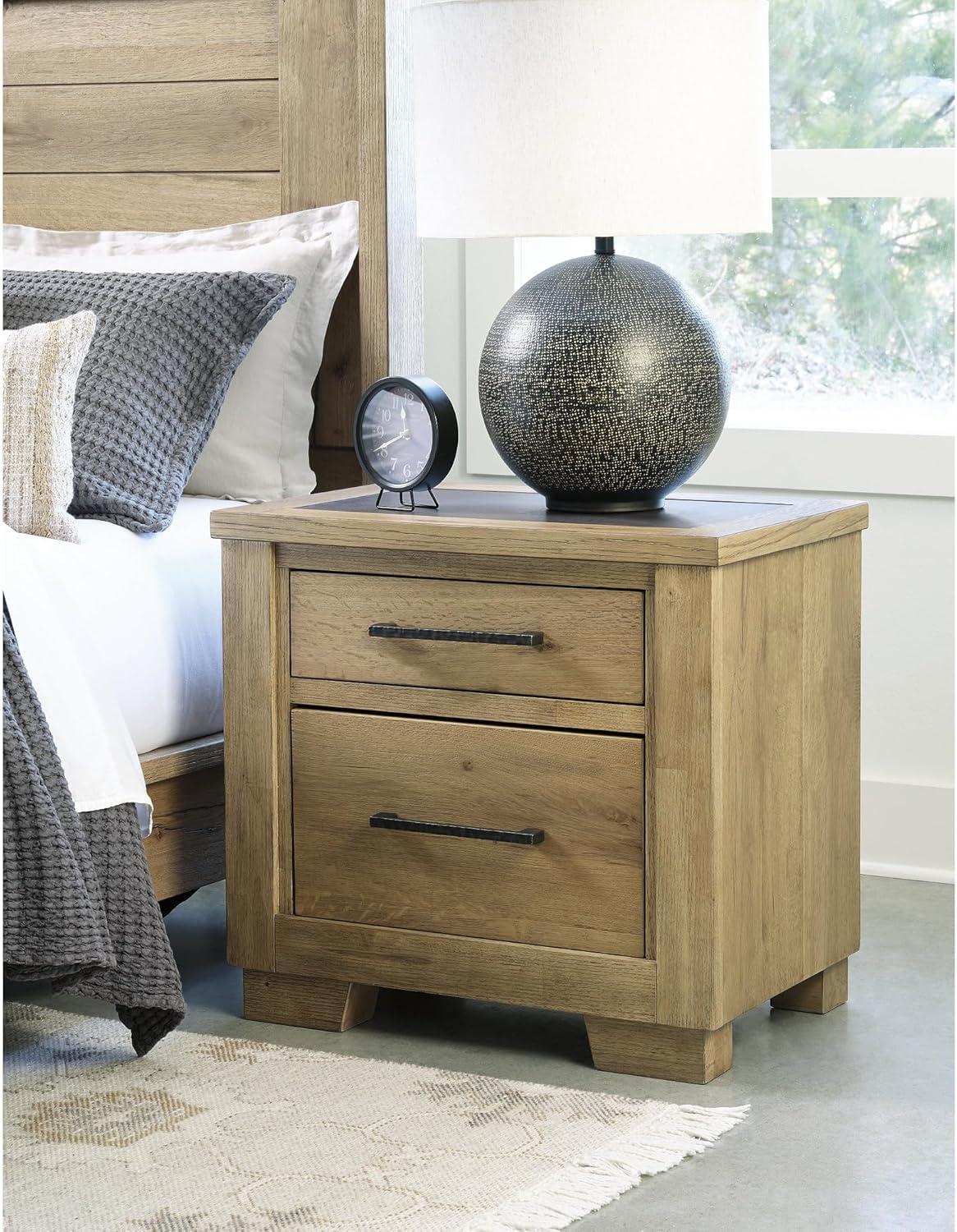 imageSignature Design by Ashley Galliden Rustic FeltLined 2 Drawer Nightstand with Cement Tile Inlay Tabletop Power Supply and USB Ports 2675 Tall Light Brown