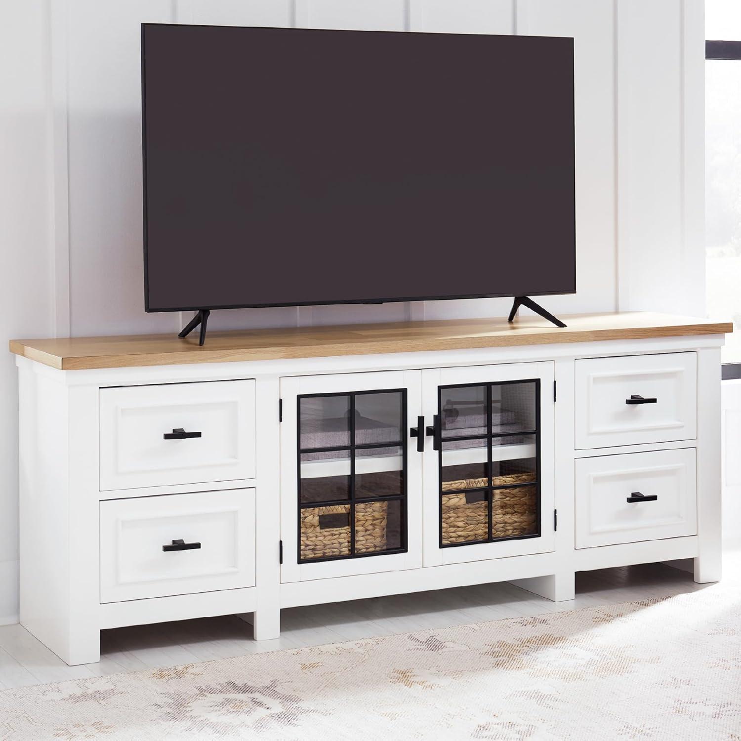 imageSignature Design by Ashley Ashbryn Casual 4Drawer 74 TV Stand for TVs up to 84 with Adjustable Shelves Cabinets Cord Openings White amp Light Brown