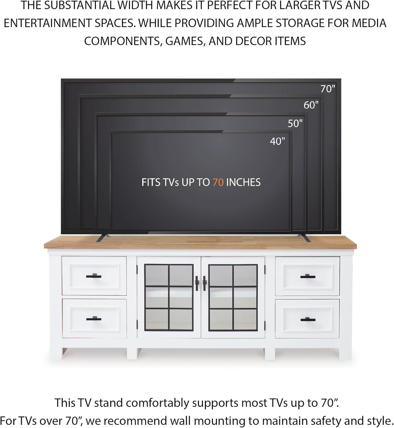 imageSignature Design by Ashley Ashbryn Casual 4Drawer 74 TV Stand for TVs up to 84 with Adjustable Shelves Cabinets Cord Openings White amp Light Brown
