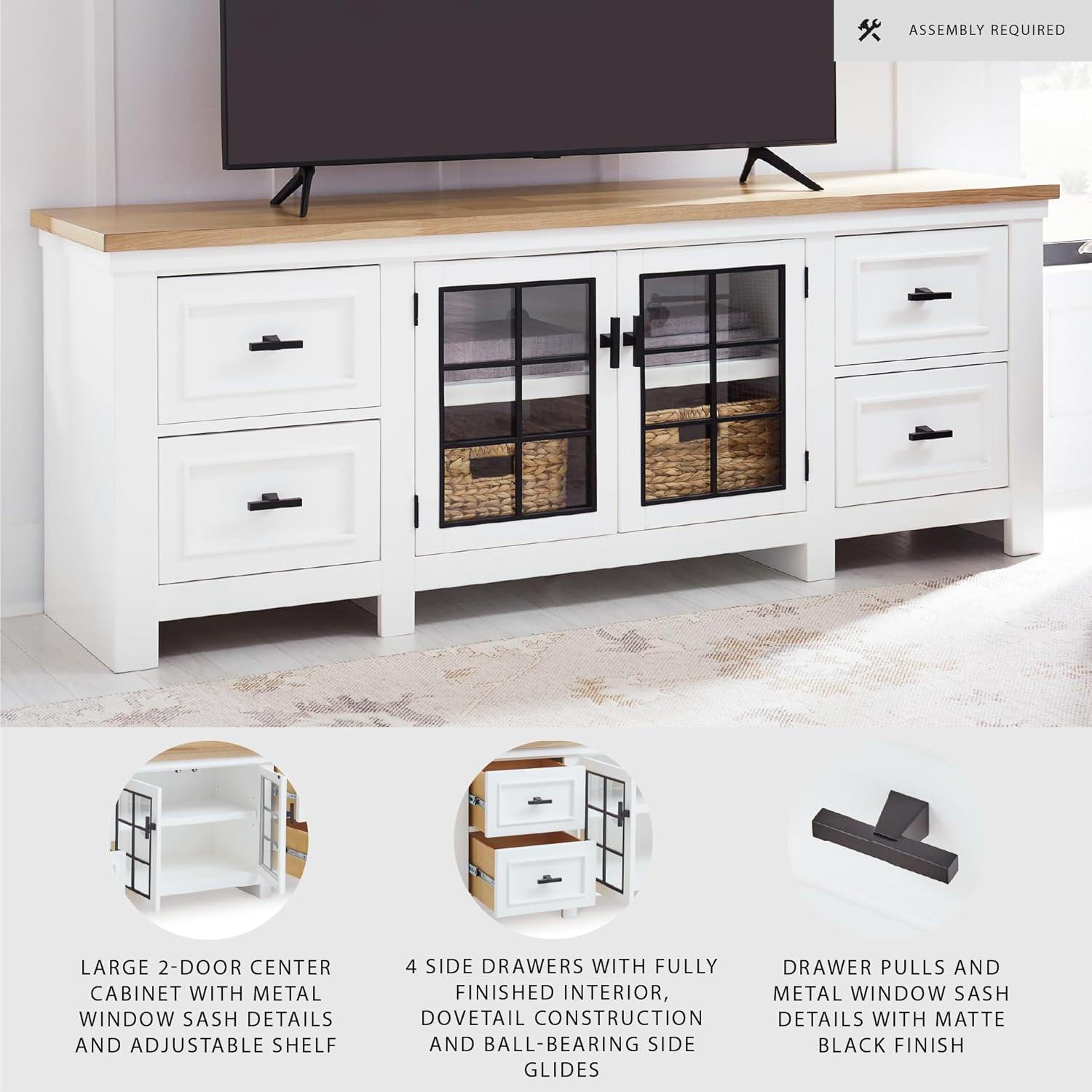 imageSignature Design by Ashley Ashbryn Casual 4Drawer 74 TV Stand for TVs up to 84 with Adjustable Shelves Cabinets Cord Openings White amp Light Brown
