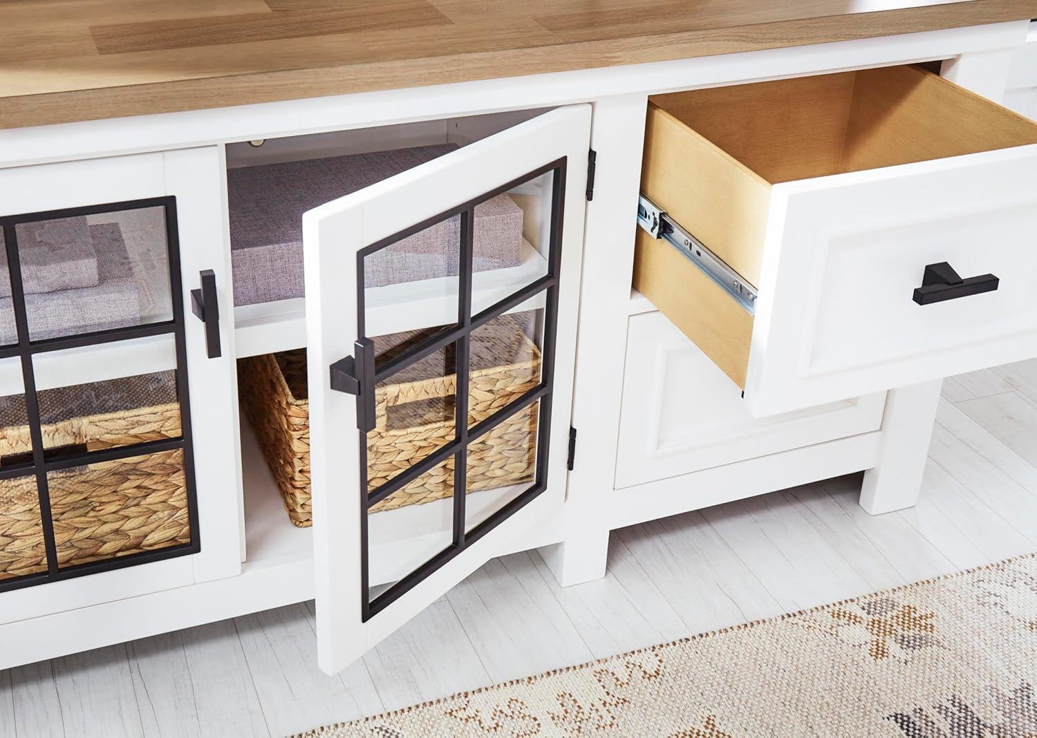 imageSignature Design by Ashley Ashbryn Casual 4Drawer 74 TV Stand for TVs up to 84 with Adjustable Shelves Cabinets Cord Openings White amp Light Brown