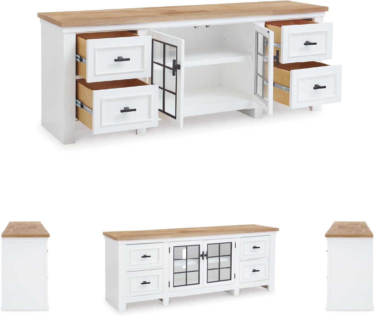 imageSignature Design by Ashley Ashbryn Casual 4Drawer 74 TV Stand for TVs up to 84 with Adjustable Shelves Cabinets Cord Openings White amp Light Brown