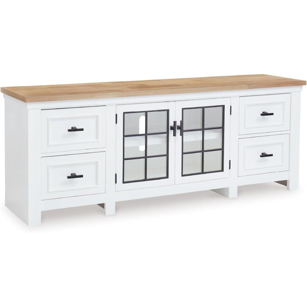 imageSignature Design by Ashley Ashbryn Casual 4Drawer 74 TV Stand for TVs up to 84 with Adjustable Shelves Cabinets Cord Openings White amp Light Brown