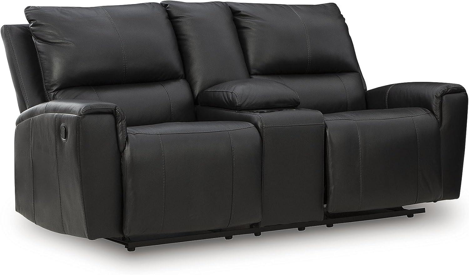 imageSignature Design by Ashley Glassmere Contemporary Leather Match Reclining Loveseat with Console 2 Cup Holders and Storage Black