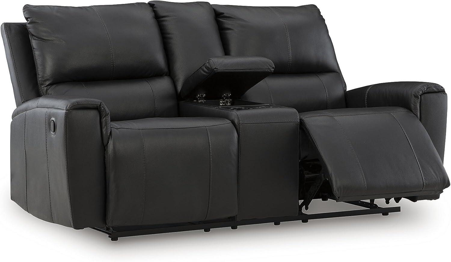 imageSignature Design by Ashley Glassmere Contemporary Leather Match Reclining Loveseat with Console 2 Cup Holders and Storage Black