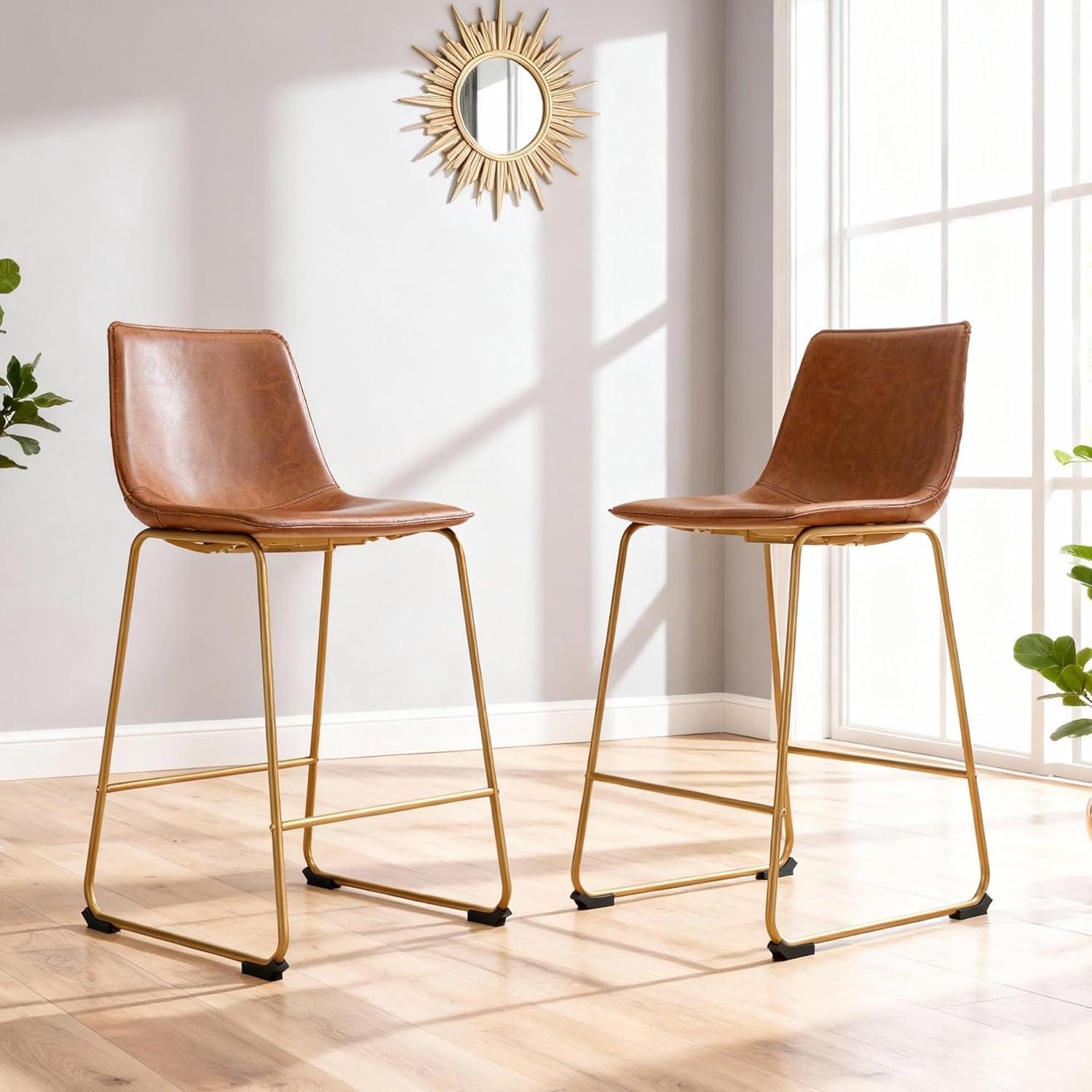 imageSignature Design by Ashley Lexadine Contemporary Counter Height Bar Stool with Faux Leather Upholstery Set of 2 Brown amp Gold