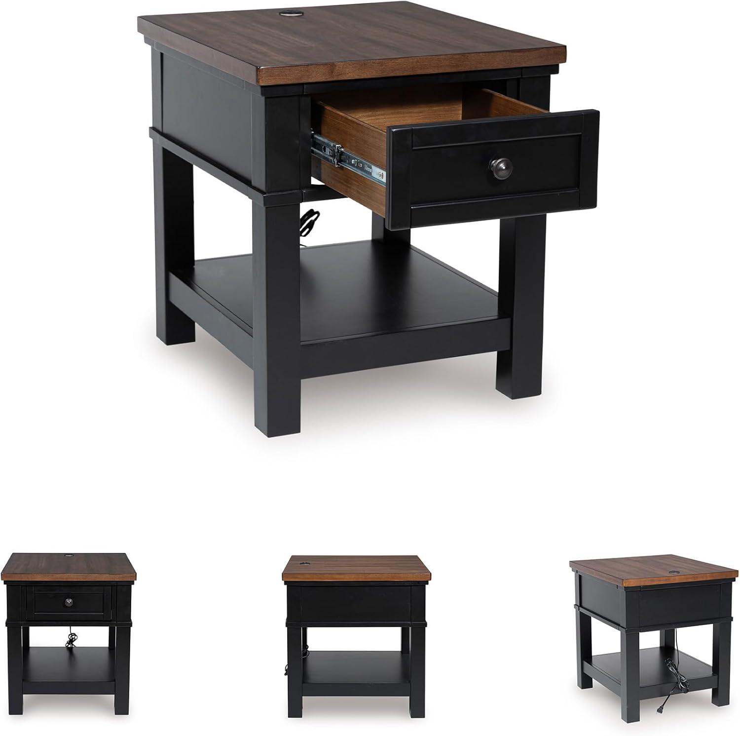 imageSignature Design by Ashley Wildenauer Casual Rectangular End Table with Lower Shelf and USB Charging Storage Drawer Wood 2413 High Light Brown amp BlackBrownBlack