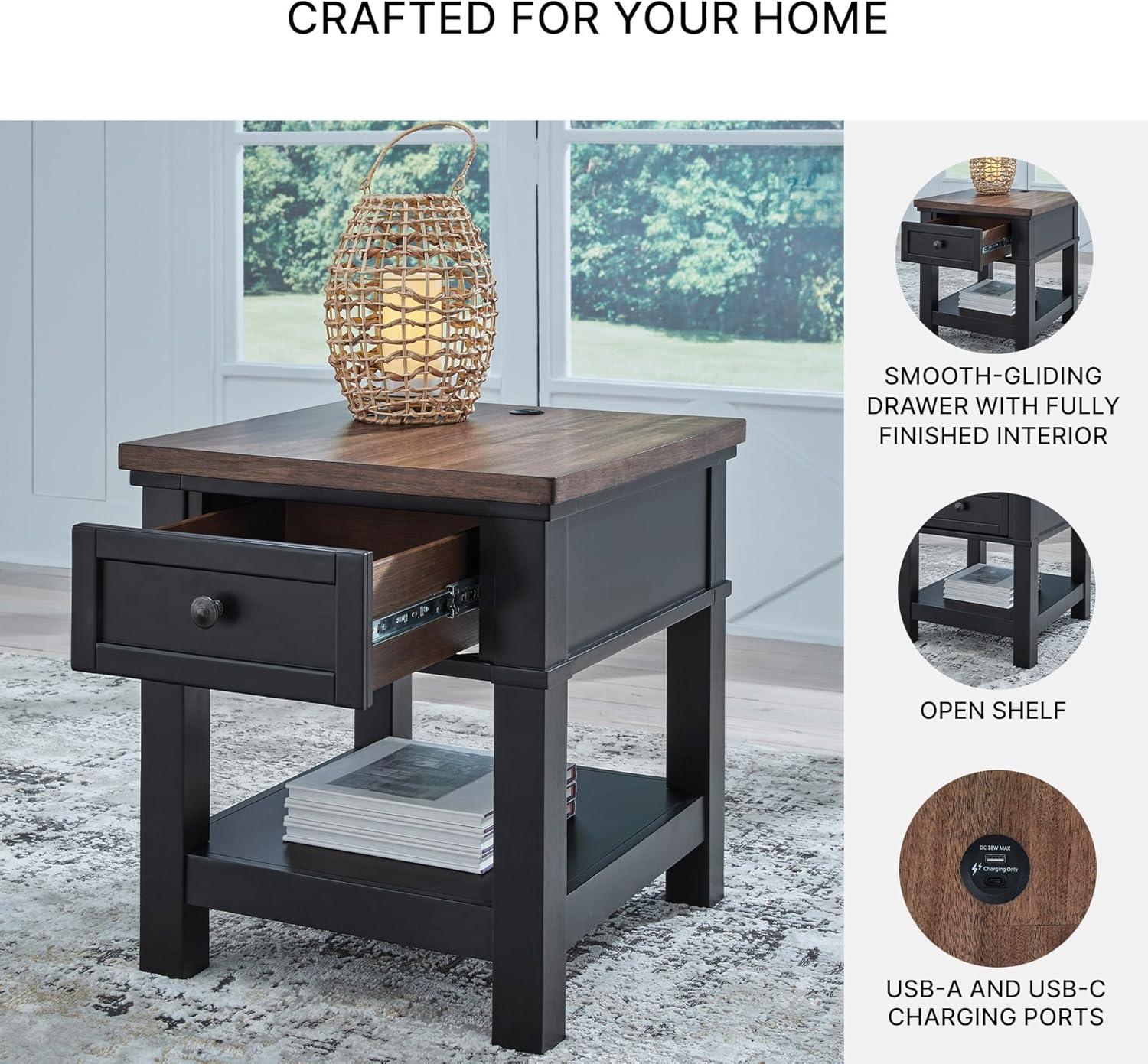 imageSignature Design by Ashley Wildenauer Casual Rectangular End Table with Lower Shelf and USB Charging Storage Drawer Wood 2413 High Light Brown amp BlackBrownBlack