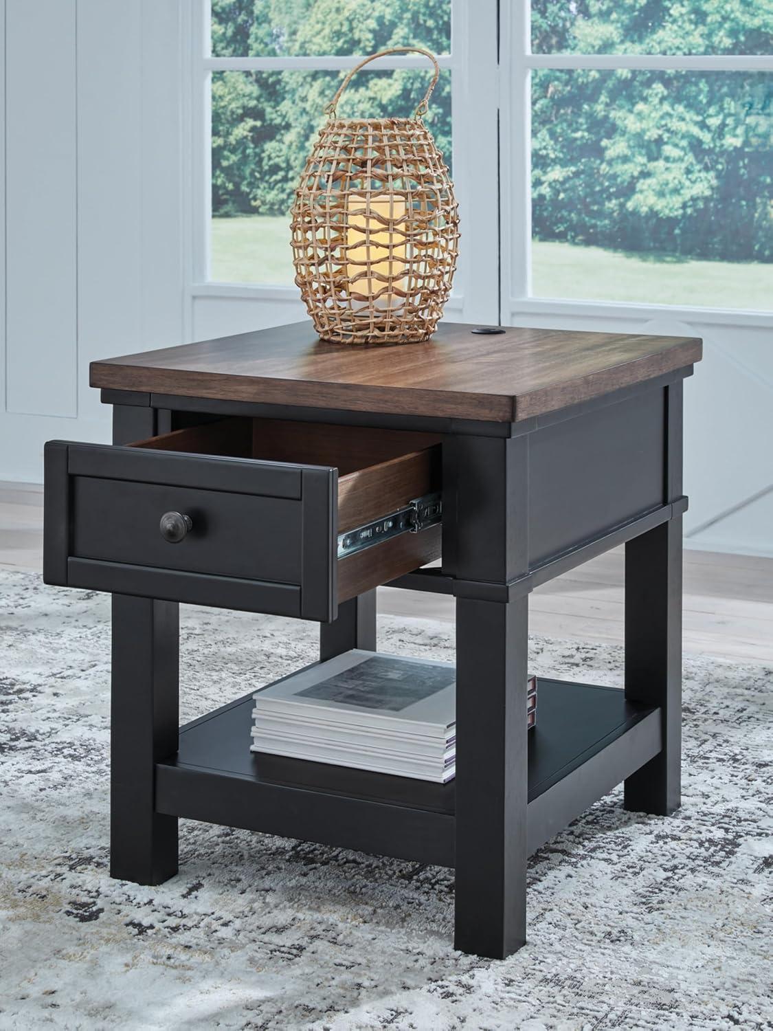 imageSignature Design by Ashley Wildenauer Casual Rectangular End Table with Lower Shelf and USB Charging Storage Drawer Wood 2413 High Light Brown amp BlackBrownBlack