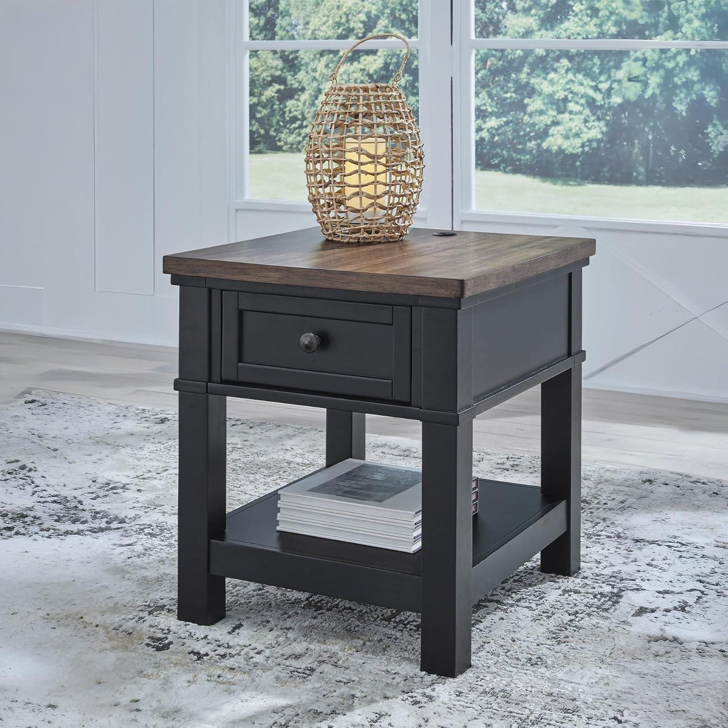 imageSignature Design by Ashley Wildenauer Casual Rectangular End Table with Lower Shelf and USB Charging Storage Drawer Wood 2413 High Light Brown amp BlackBrownBlack