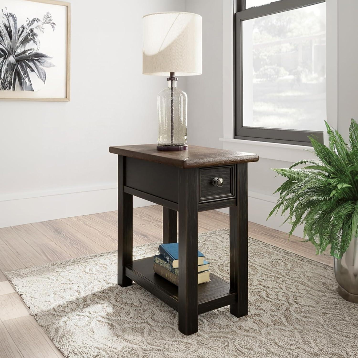 imageSignature Design by Ashley Wildenauer Modern Farmhouse 3Drawer Chairside End Table with USB Ports Butcherblock Veneer Top Light Brown amp Black Base Dark Pewter Finish Hardware Height 24Black