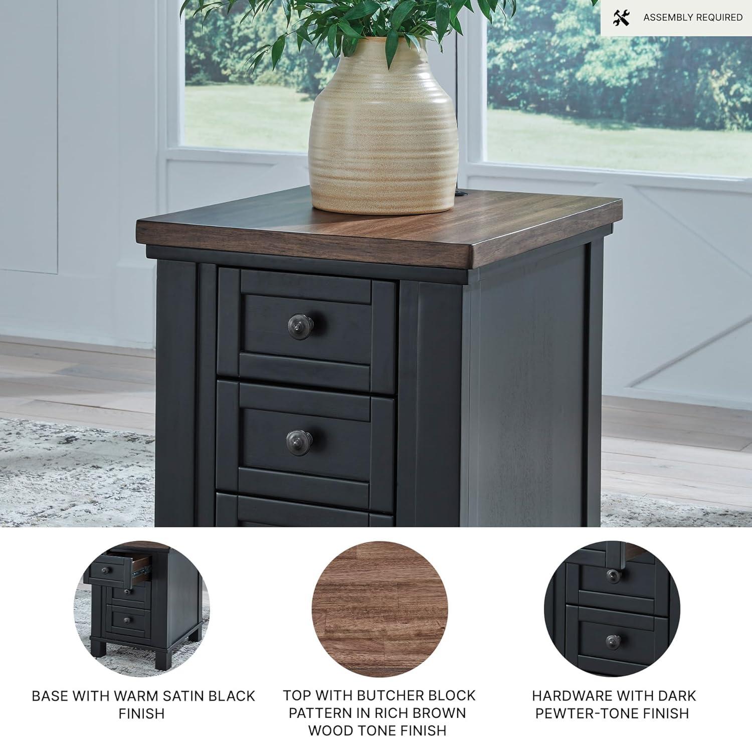 imageSignature Design by Ashley Wildenauer Modern Farmhouse 3Drawer Chairside End Table with USB Ports Butcherblock Veneer Top Light Brown amp Black Base Dark Pewter Finish Hardware Height 24BrownBlack