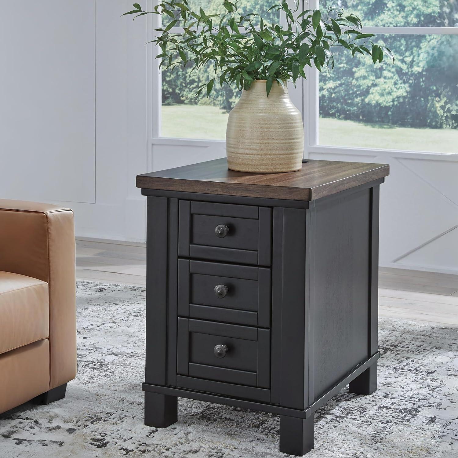 imageSignature Design by Ashley Wildenauer Modern Farmhouse 3Drawer Chairside End Table with USB Ports Butcherblock Veneer Top Light Brown amp Black Base Dark Pewter Finish Hardware Height 24BrownBlack