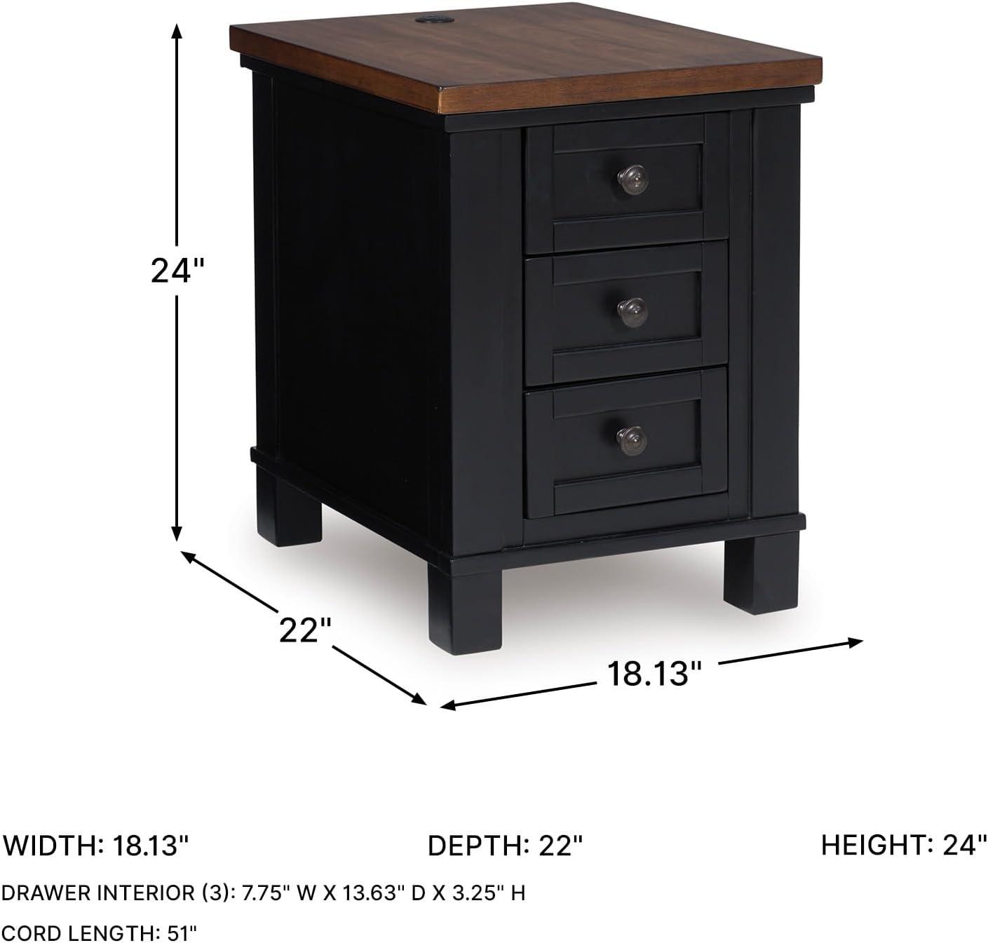 imageSignature Design by Ashley Wildenauer Modern Farmhouse 3Drawer Chairside End Table with USB Ports Butcherblock Veneer Top Light Brown amp Black Base Dark Pewter Finish Hardware Height 24BrownBlack