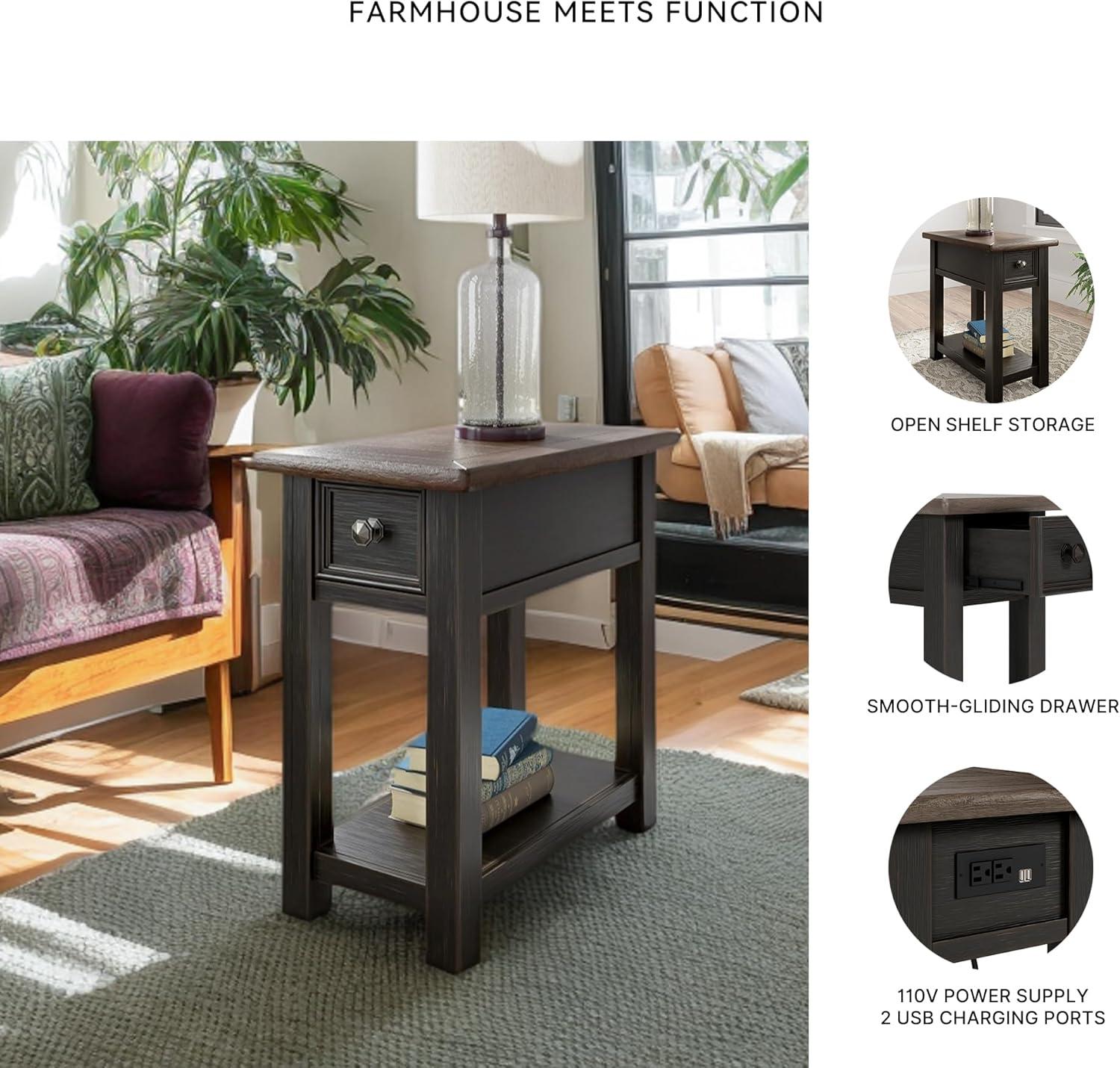 imageSignature Design by Ashley Wildenauer Modern Farmhouse 3Drawer Chairside End Table with USB Ports Butcherblock Veneer Top Light Brown amp Black Base Dark Pewter Finish Hardware Height 24Black