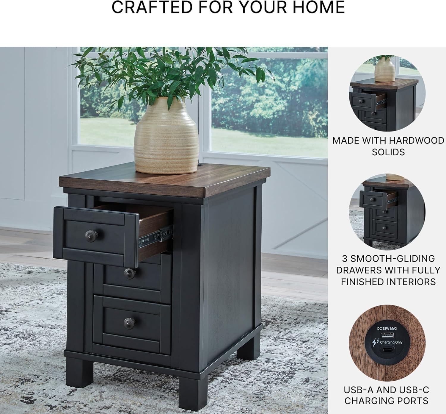 imageSignature Design by Ashley Wildenauer Modern Farmhouse 3Drawer Chairside End Table with USB Ports Butcherblock Veneer Top Light Brown amp Black Base Dark Pewter Finish Hardware Height 24BrownBlack
