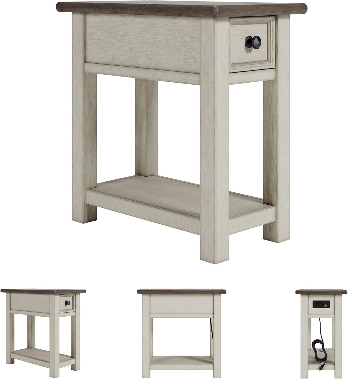 imageSignature Design by Ashley Wildenauer Modern Farmhouse 3Drawer Chairside End Table with USB Ports Butcherblock Veneer Top Light Brown amp Black Base Dark Pewter Finish Hardware Height 24Whitewash