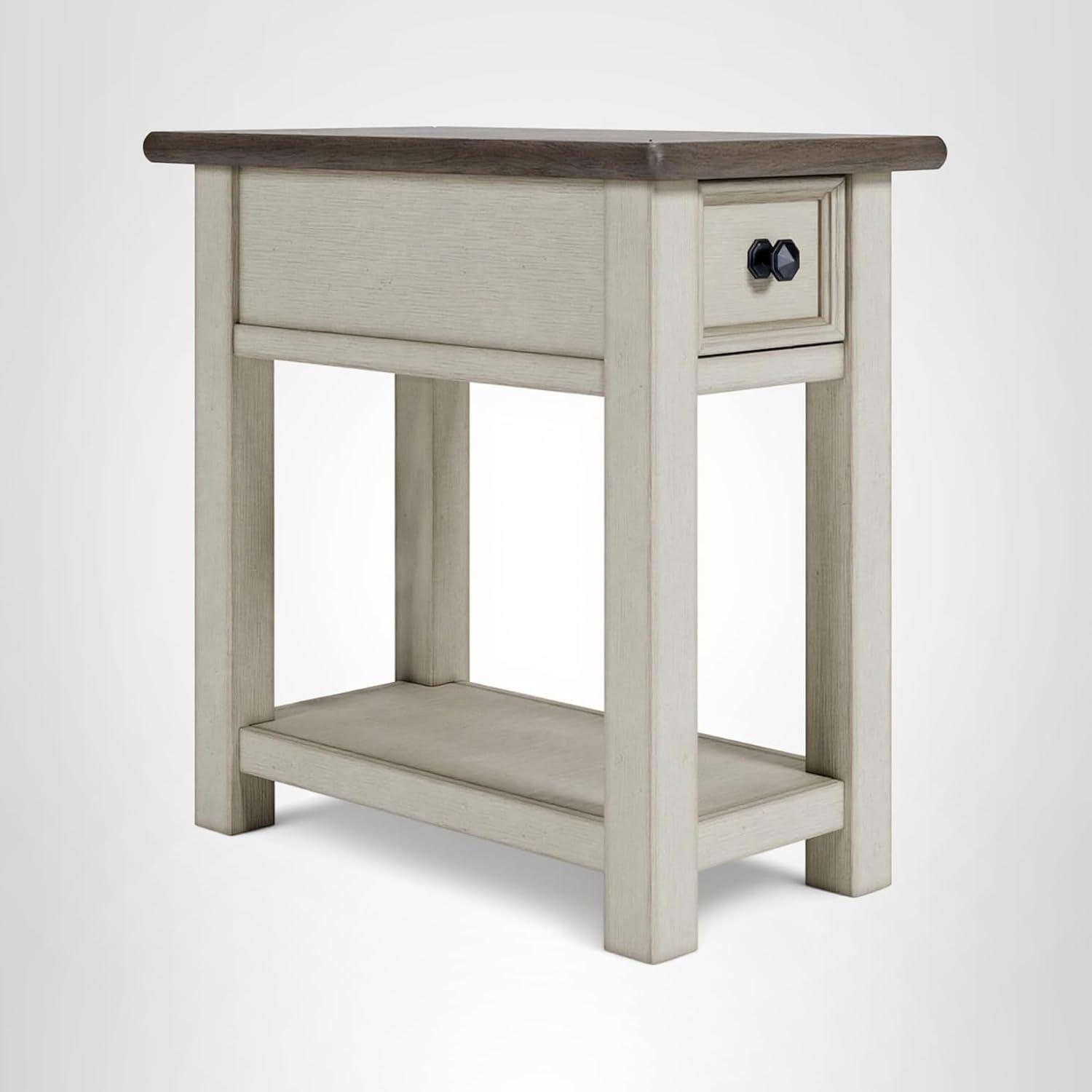 imageSignature Design by Ashley Wildenauer Modern Farmhouse 3Drawer Chairside End Table with USB Ports Butcherblock Veneer Top Light Brown amp Black Base Dark Pewter Finish Hardware Height 24Whitewash