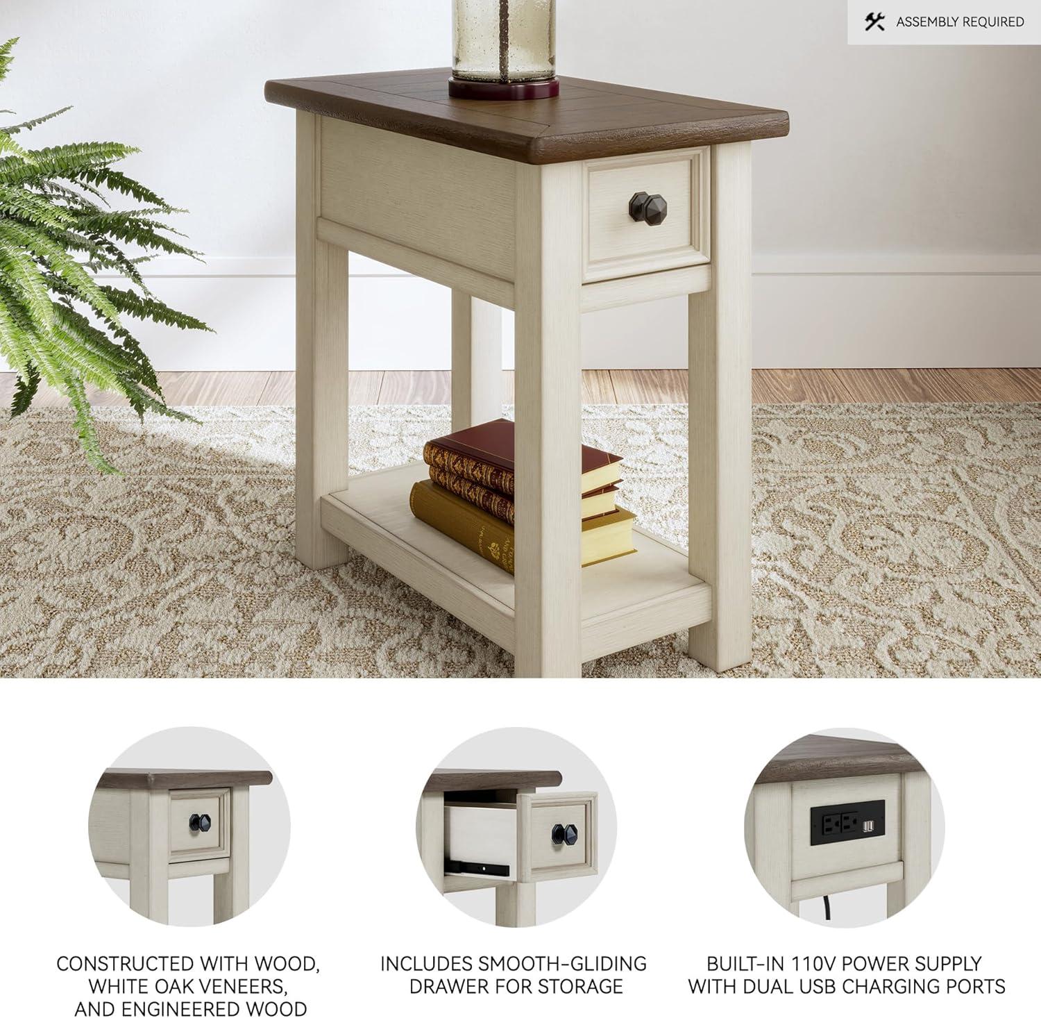 imageSignature Design by Ashley Wildenauer Modern Farmhouse 3Drawer Chairside End Table with USB Ports Butcherblock Veneer Top Light Brown amp Black Base Dark Pewter Finish Hardware Height 24Whitewash