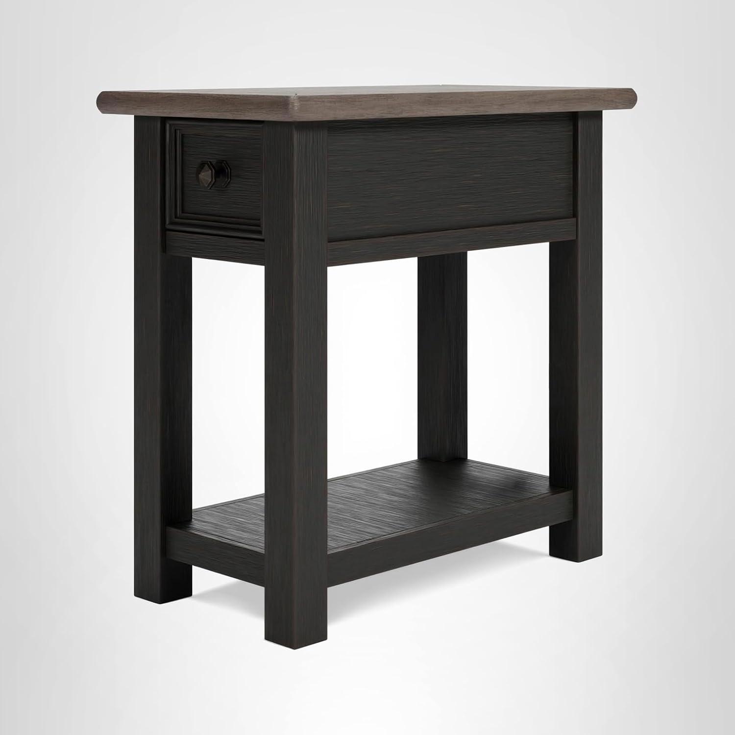 imageSignature Design by Ashley Wildenauer Modern Farmhouse 3Drawer Chairside End Table with USB Ports Butcherblock Veneer Top Light Brown amp Black Base Dark Pewter Finish Hardware Height 24Black