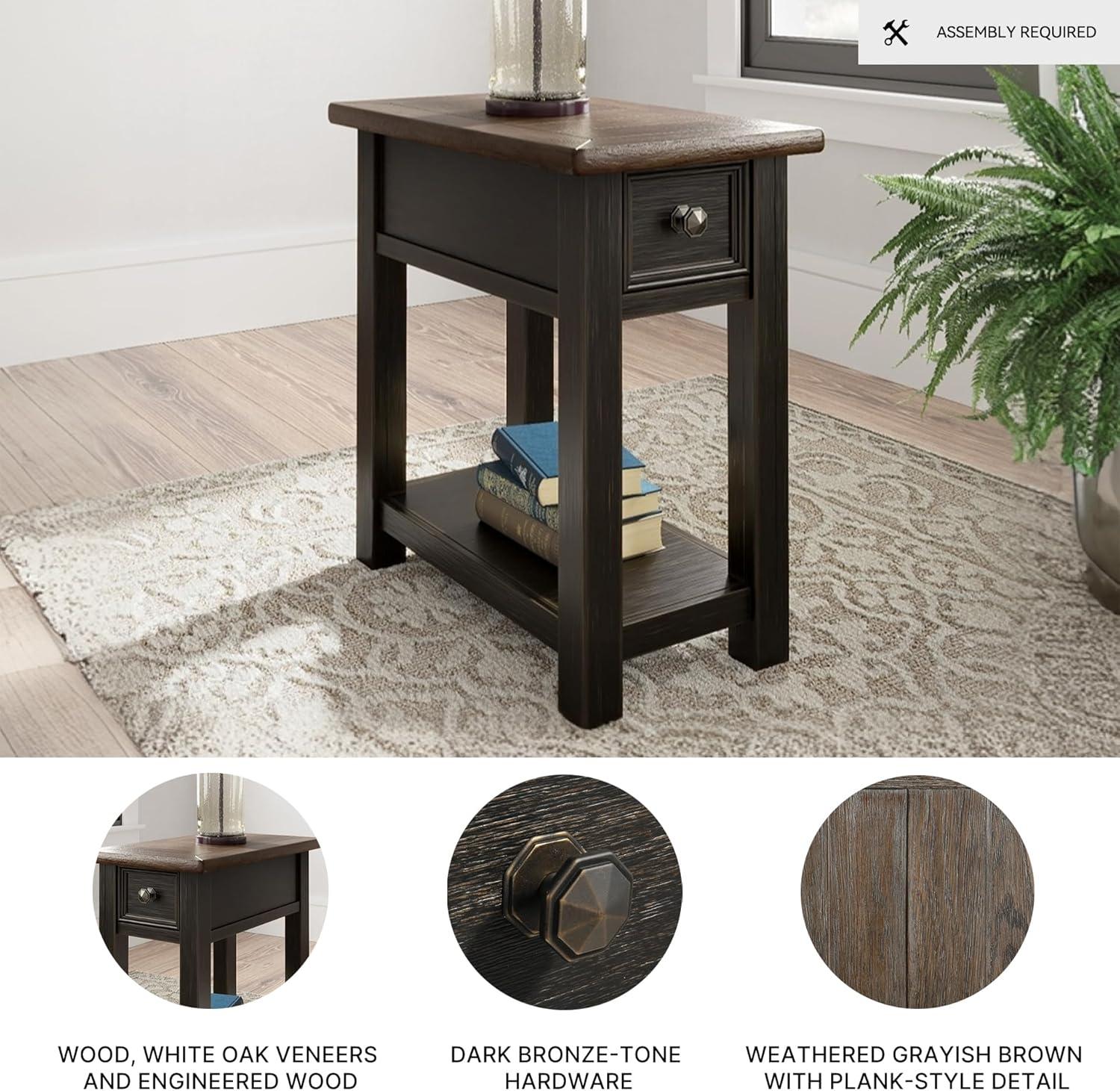 imageSignature Design by Ashley Wildenauer Modern Farmhouse 3Drawer Chairside End Table with USB Ports Butcherblock Veneer Top Light Brown amp Black Base Dark Pewter Finish Hardware Height 24Black