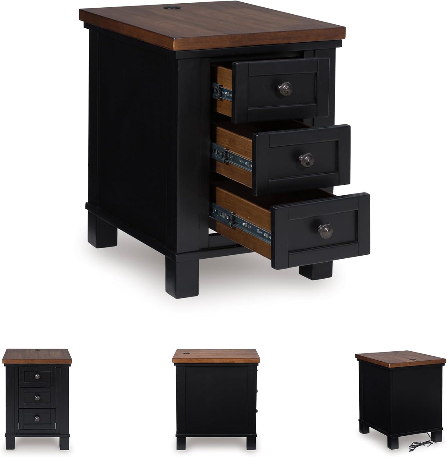 imageSignature Design by Ashley Wildenauer Modern Farmhouse 3Drawer Chairside End Table with USB Ports Butcherblock Veneer Top Light Brown amp Black Base Dark Pewter Finish Hardware Height 24BrownBlack