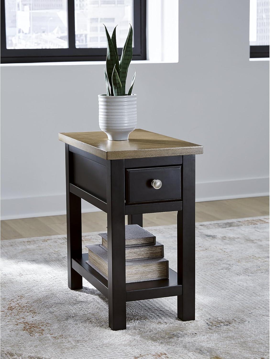 imageSignature Design by Ashley Wildenauer Modern Farmhouse 3Drawer Chairside End Table with USB Ports Butcherblock Veneer Top Light Brown amp Black Base Dark Pewter Finish Hardware Height 24Light Brown Black