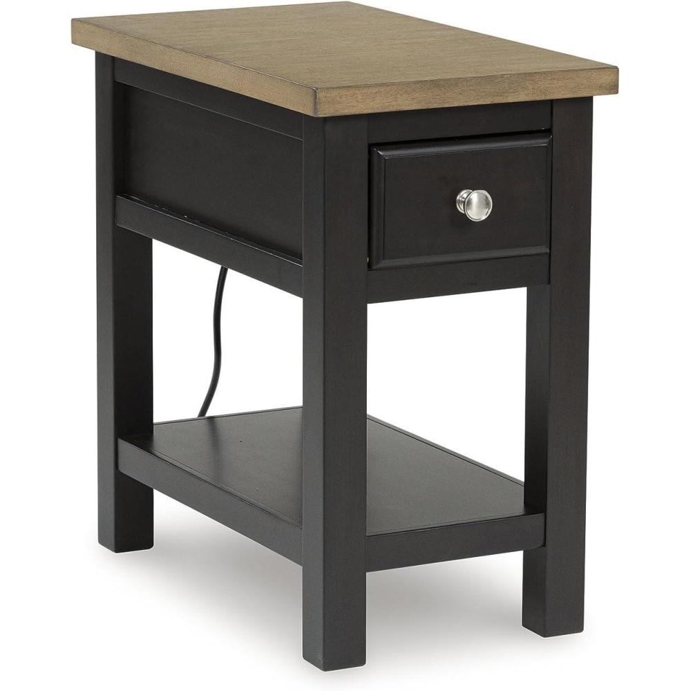 imageSignature Design by Ashley Wildenauer Modern Farmhouse 3Drawer Chairside End Table with USB Ports Butcherblock Veneer Top Light Brown amp Black Base Dark Pewter Finish Hardware Height 24Light Brown Black