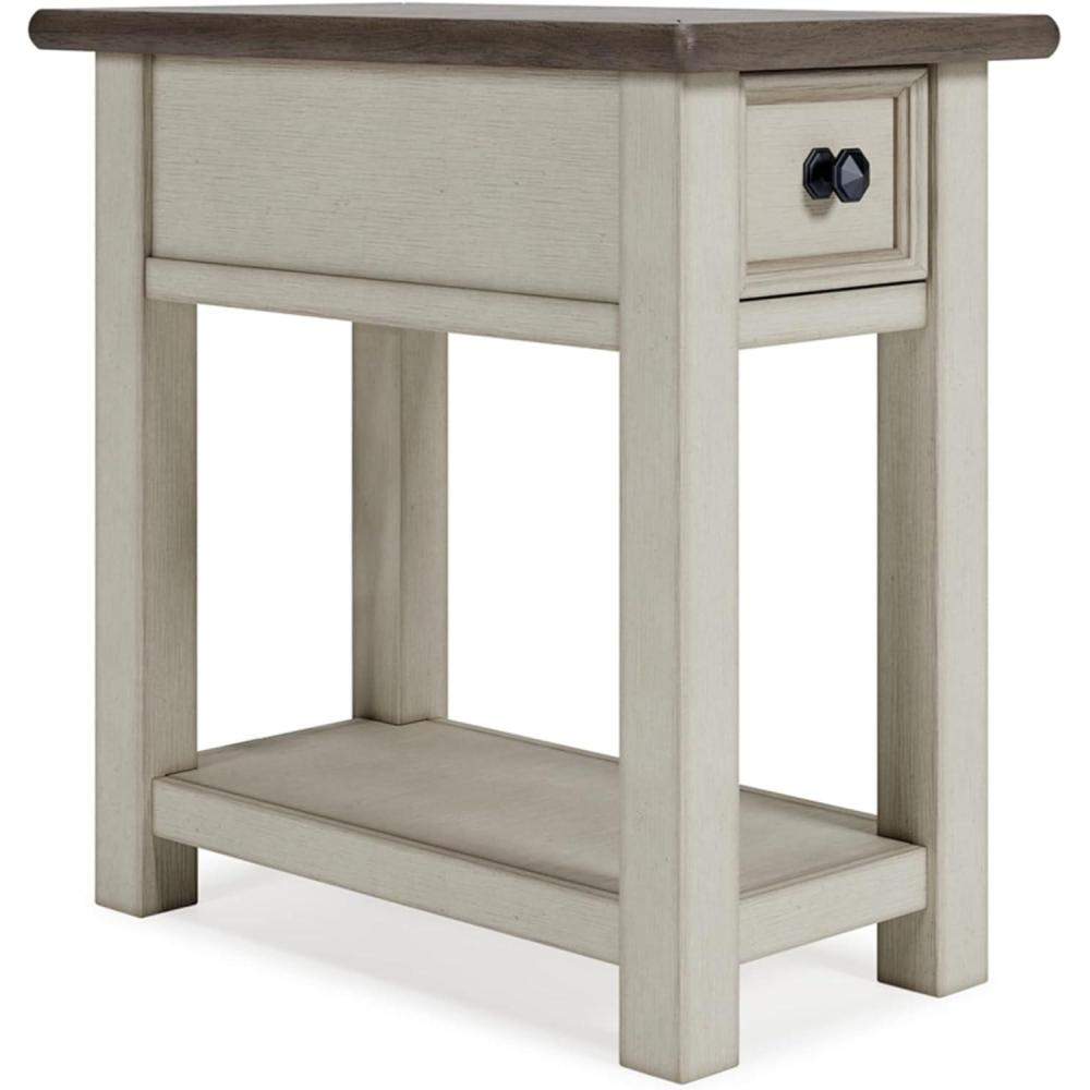 imageSignature Design by Ashley Wildenauer Modern Farmhouse 3Drawer Chairside End Table with USB Ports Butcherblock Veneer Top Light Brown amp Black Base Dark Pewter Finish Hardware Height 24Whitewash