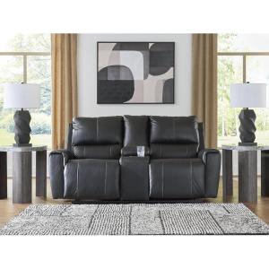 Signature Design by Ashley Glassmere Contemporary Leather Match Reclining Loveseat with Console, 2 Cup Holders and Storage, Black