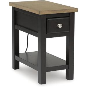 Signature Design by Ashley Wildenauer Modern Farmhouse 3-Drawer Chairside End Table with USB Ports, Butcherblock Veneer Top, Light Brown & Black Base, Dark Pewter Finish Hardware, Height 24″(Light Brown & Black)