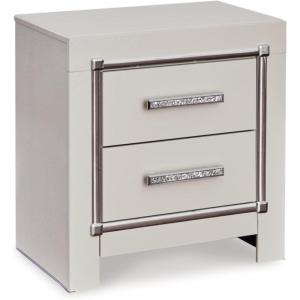 Signature Design by Ashley Zyniden Glam 2 Drawer Nightstand with Wireless Charging and USB Ports, 24.45″ Tall, Beige & Chrome