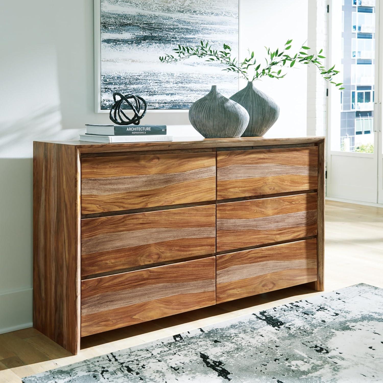 imageSignature Design by Ashley Dressonni Farmhouse 6Drawer Dresser with Beveled Edge and Felt Lining Light BrownBrown