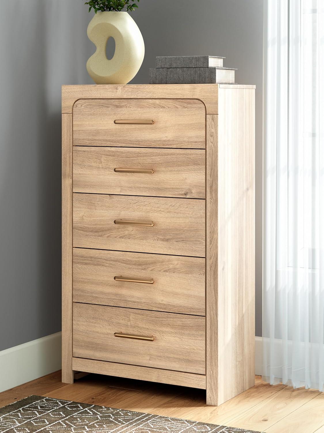 imageSignature Design by Ashley Prandefort Modern 5Drawer Chest with Safety Stop Light BrownChest of Drawers