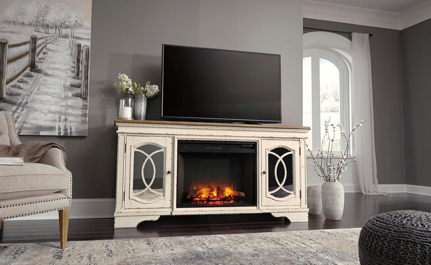 imageSignature Design by Ashley Realyn Vintage Casual TV Stand with Electric Fireplace Heats Larger Rooms Bronze Hardware Wood 74 Wide White amp Brown74 TV Stand with Electric Fireplace