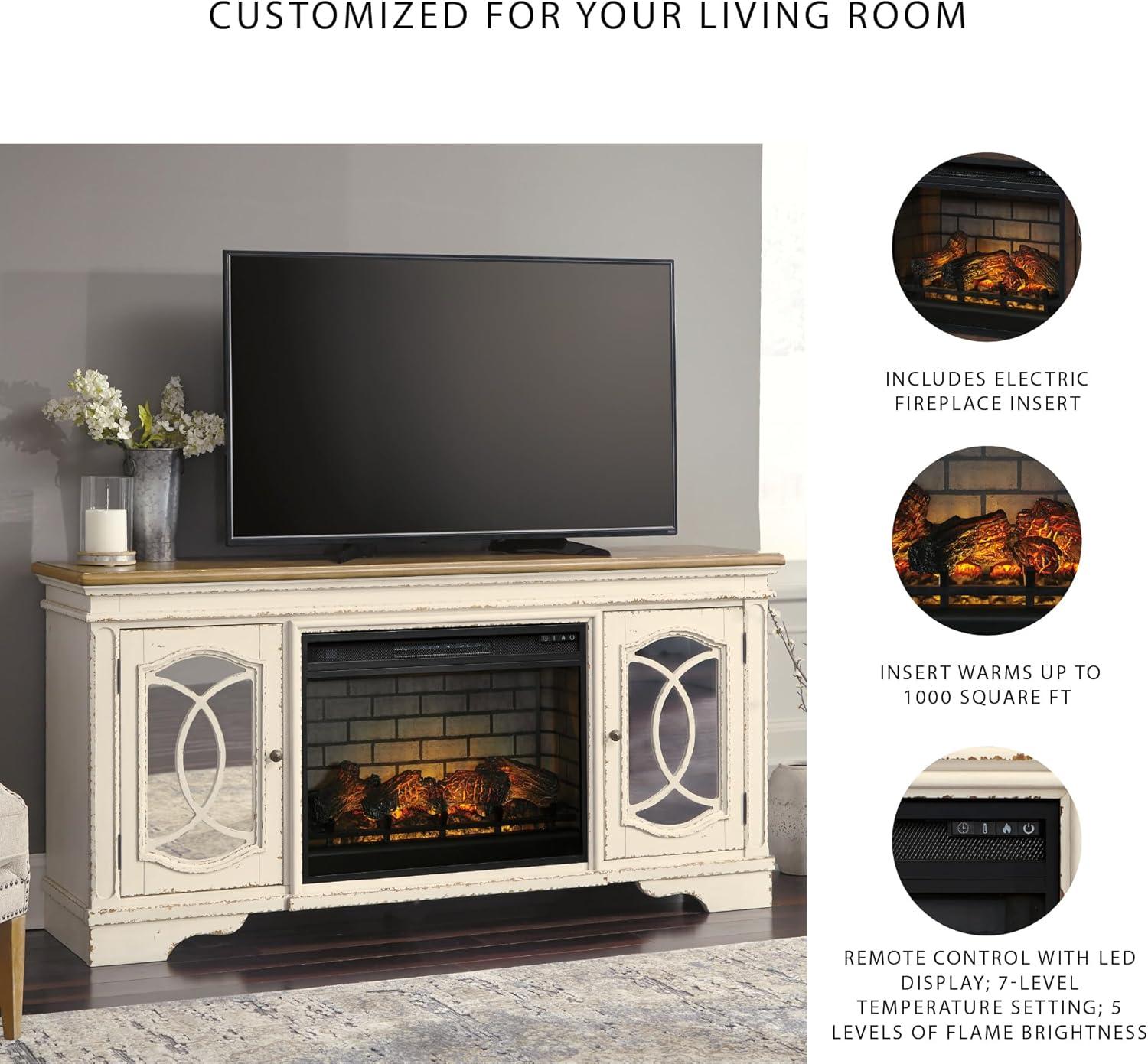 imageSignature Design by Ashley Realyn Vintage Casual TV Stand with Electric Fireplace Heats Larger Rooms Bronze Hardware Wood 74 Wide White amp Brown74 TV Stand with Electric Fireplace