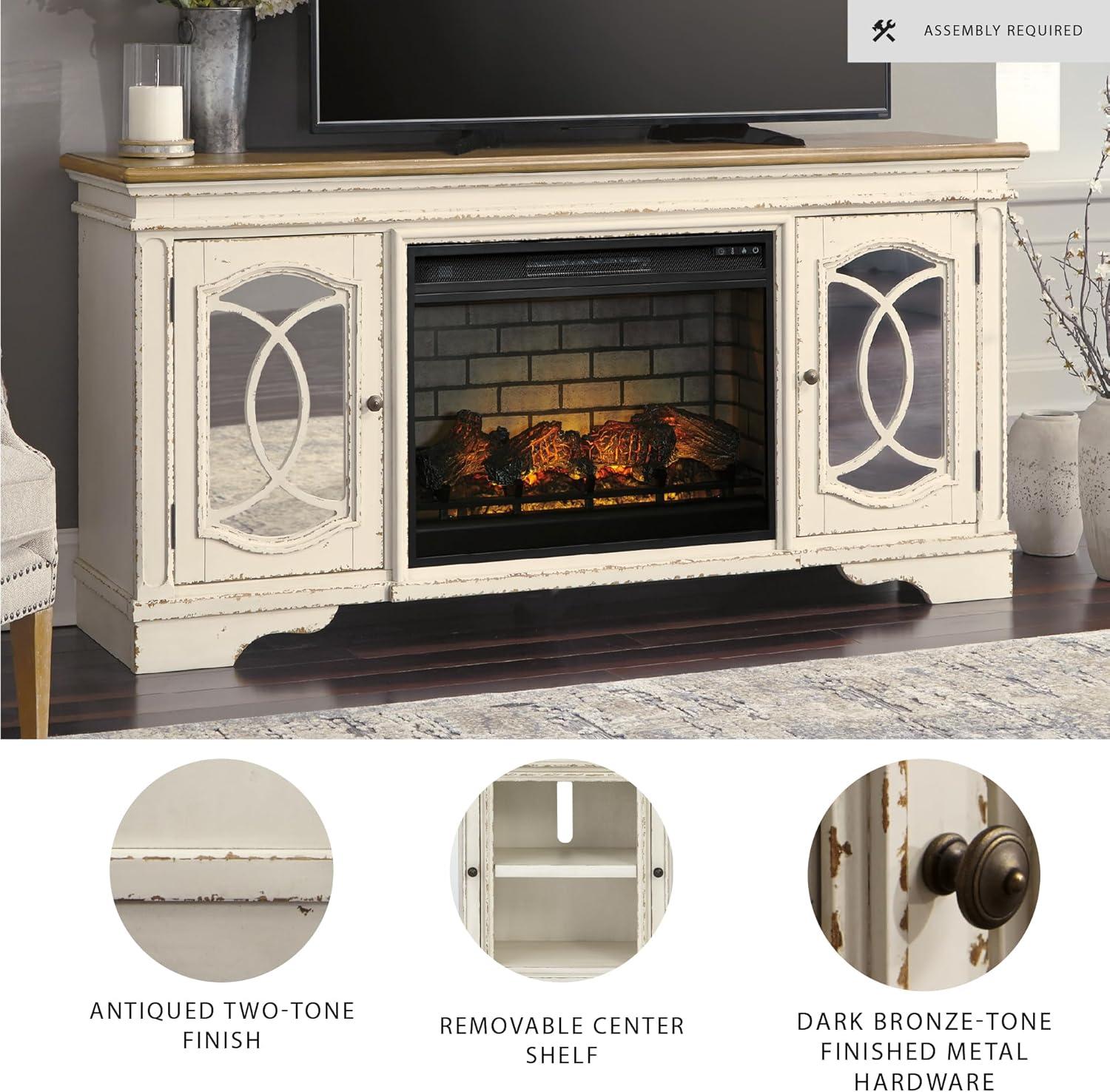 imageSignature Design by Ashley Realyn Vintage Casual TV Stand with Electric Fireplace Heats Larger Rooms Bronze Hardware Wood 74 Wide White amp Brown74 TV Stand with Electric Fireplace