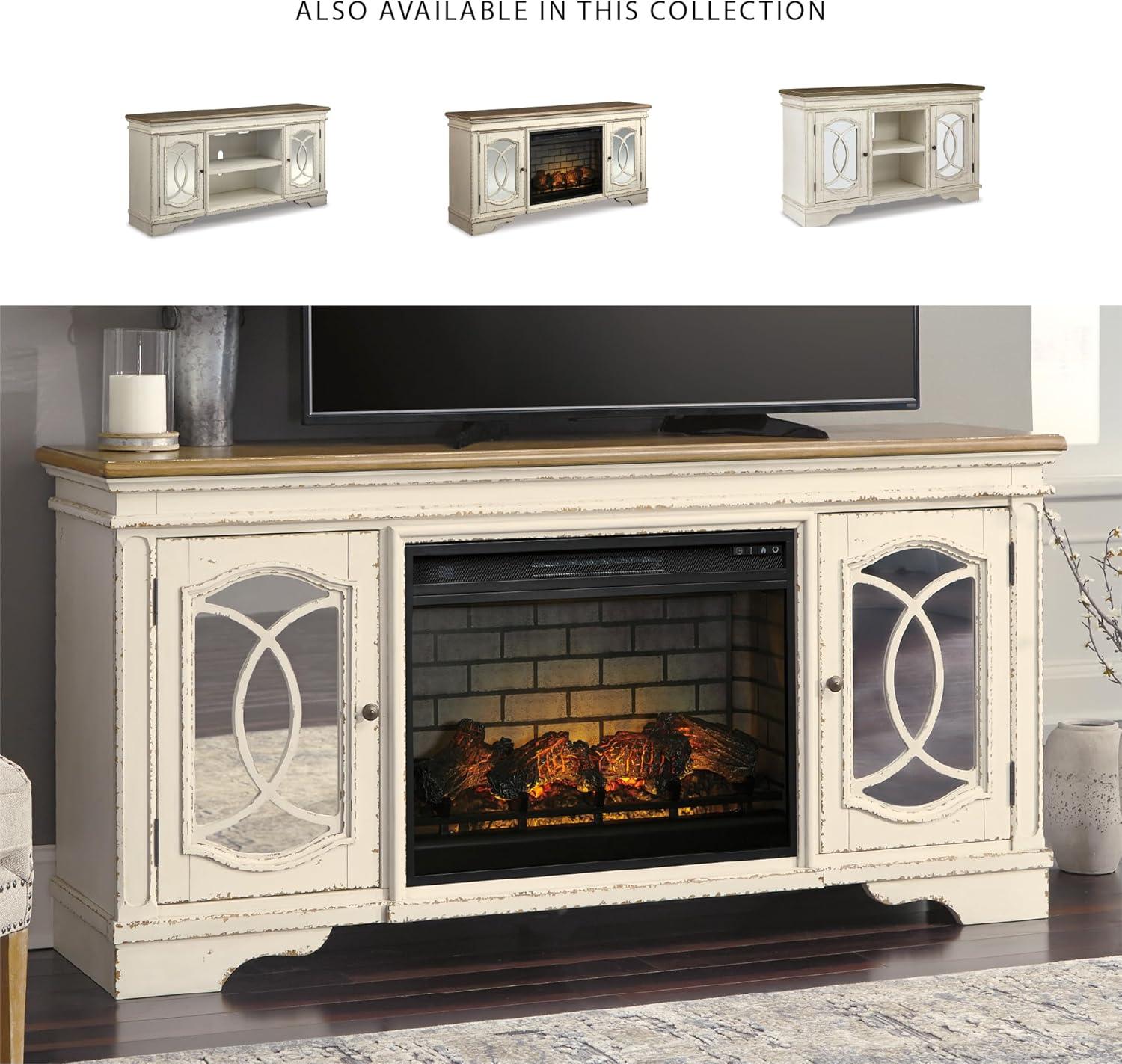 imageSignature Design by Ashley Realyn Vintage Casual TV Stand with Electric Fireplace Heats Larger Rooms Bronze Hardware Wood 74 Wide White amp Brown74 TV Stand with Electric Fireplace