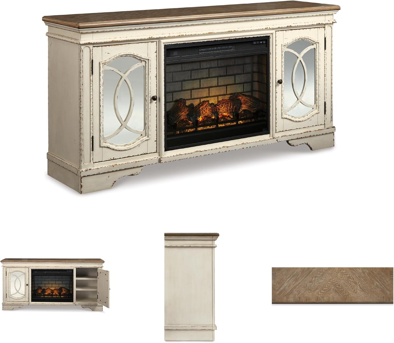 imageSignature Design by Ashley Realyn Vintage Casual TV Stand with Electric Fireplace Heats Larger Rooms Bronze Hardware Wood 74 Wide White amp Brown74 TV Stand with Electric Fireplace