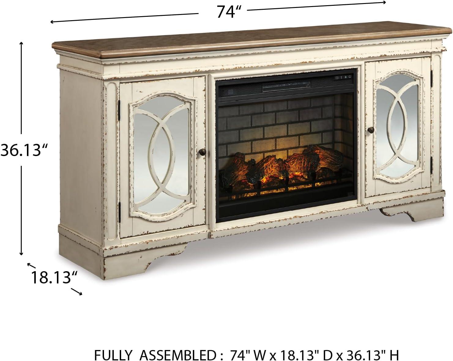 imageSignature Design by Ashley Realyn Vintage Casual TV Stand with Electric Fireplace Heats Larger Rooms Bronze Hardware Wood 74 Wide White amp Brown74 TV Stand with Electric Fireplace