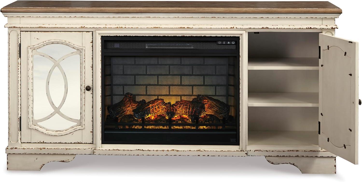 imageSignature Design by Ashley Realyn Vintage Casual TV Stand with Electric Fireplace Heats Larger Rooms Bronze Hardware Wood 74 Wide White amp Brown74 TV Stand with Electric Fireplace
