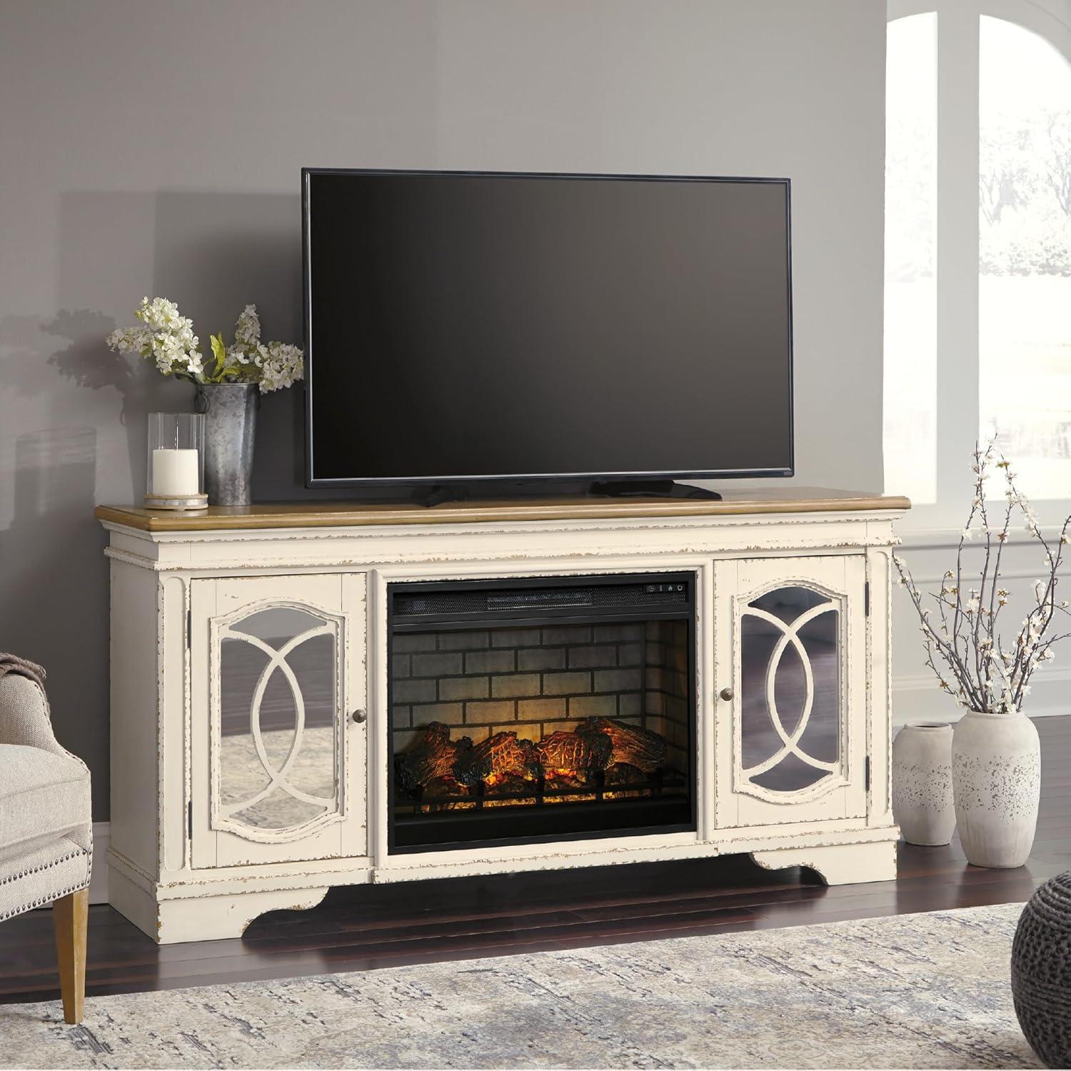 imageSignature Design by Ashley Realyn Vintage Casual TV Stand with Electric Fireplace Heats Larger Rooms Bronze Hardware Wood 74 Wide White amp Brown74 TV Stand with Electric Fireplace