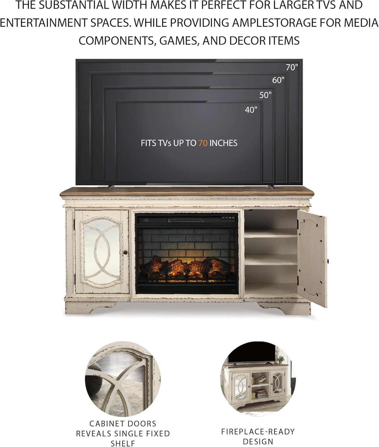 imageSignature Design by Ashley Realyn Vintage Casual TV Stand with Electric Fireplace Heats Larger Rooms Bronze Hardware Wood 74 Wide White amp Brown74 TV Stand with Electric Fireplace