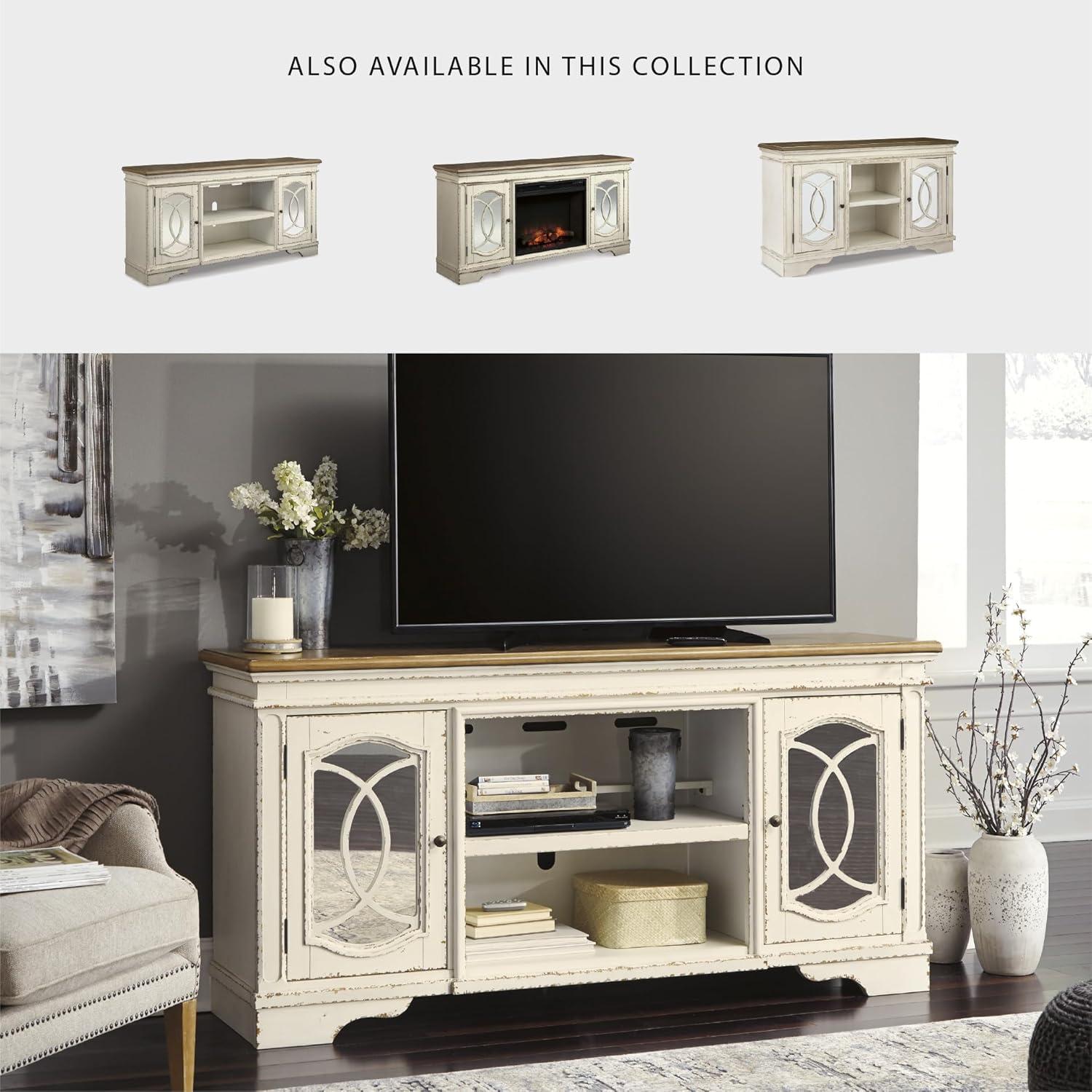 imageSignature Design by Ashley Realyn Vintage Casual TV Stand with Electric Fireplace Heats Larger Rooms Bronze Hardware Wood 74 Wide White amp BrownXL TV Stand