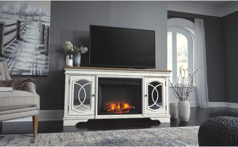 imageSignature Design by Ashley Realyn Vintage Casual TV Stand with Electric Fireplace Heats Larger Rooms Bronze Hardware Wood 74 Wide White amp BrownXL TV Stand