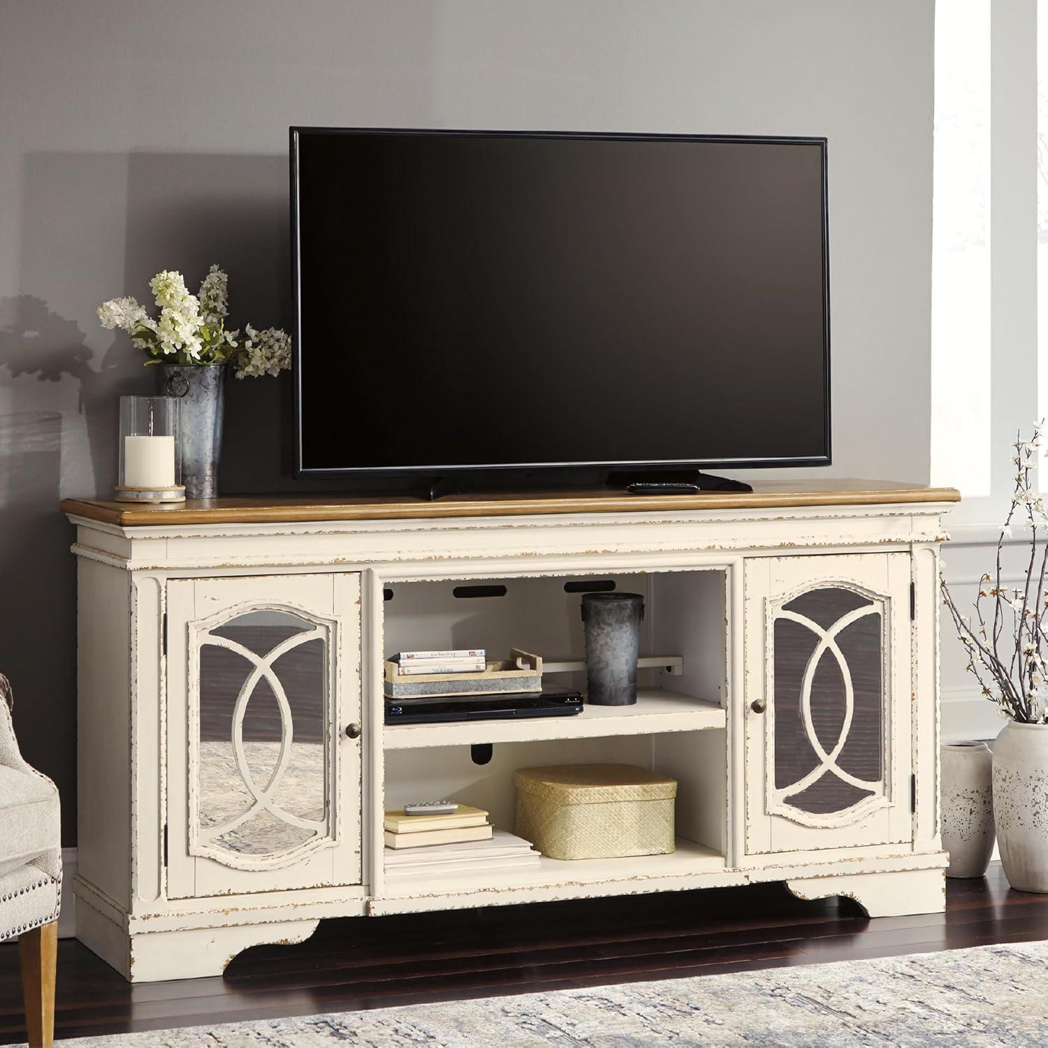 imageSignature Design by Ashley Realyn Vintage Casual TV Stand with Electric Fireplace Heats Larger Rooms Bronze Hardware Wood 74 Wide White amp BrownXL TV Stand