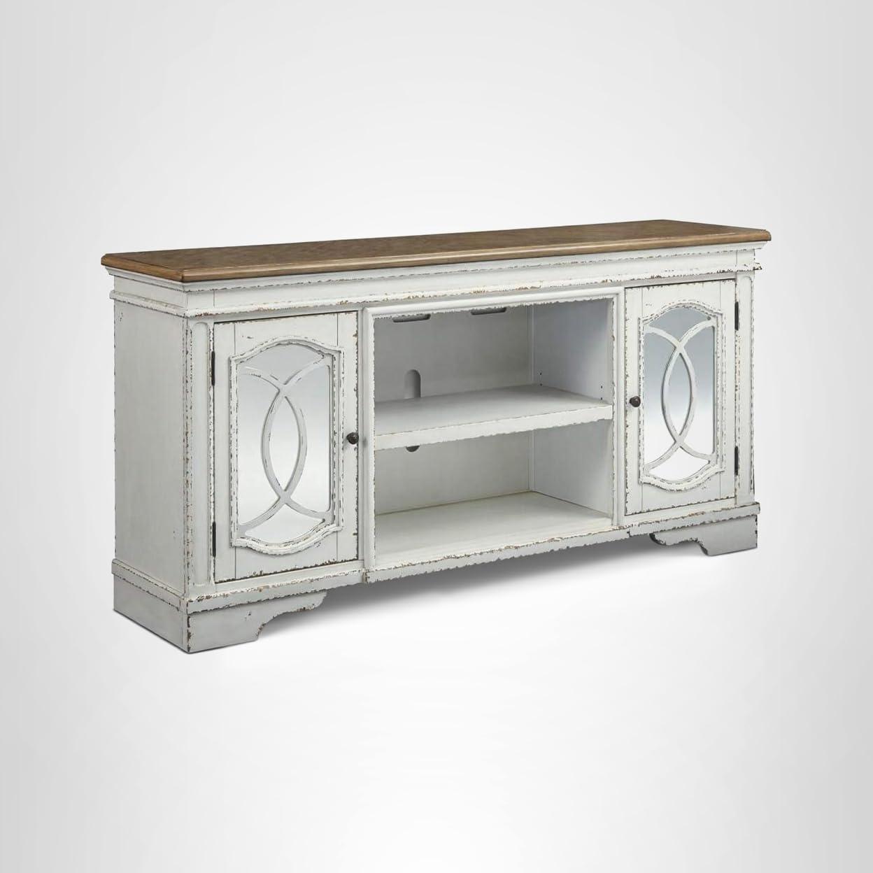 imageSignature Design by Ashley Realyn Vintage Casual TV Stand with Electric Fireplace Heats Larger Rooms Bronze Hardware Wood 74 Wide White amp BrownXL TV Stand