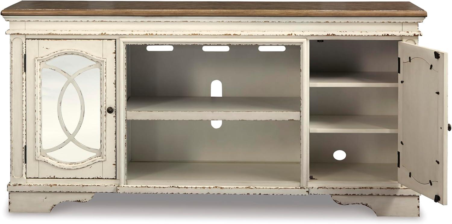 imageSignature Design by Ashley Realyn Vintage Casual TV Stand with Electric Fireplace Heats Larger Rooms Bronze Hardware Wood 74 Wide White amp BrownXL TV Stand